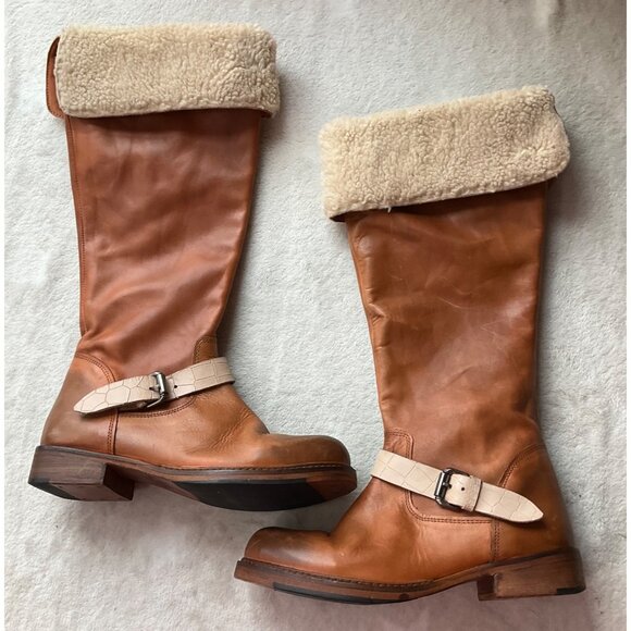 Tan Leather Combat Boots with Shearling Cuff - Picture 1 of 15
